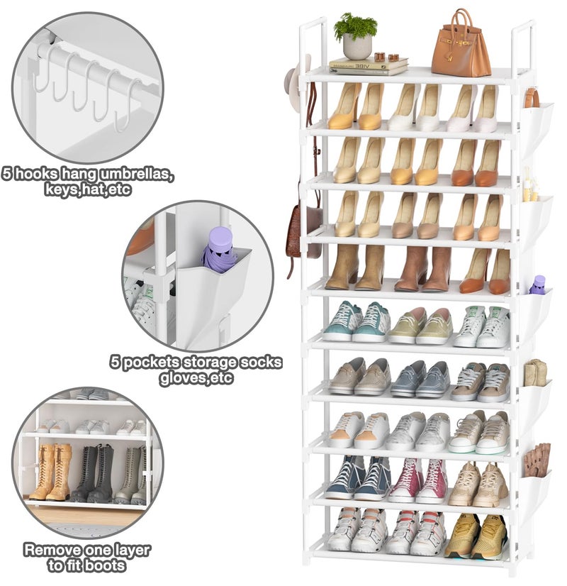 LUKYTOWER Tall Shoe Rack 10 Tier Shoe Racks Organizer for Closet 30-35Pairs,Large Capacity Storage Rack for Shoes with 5Hooks and Side Pocket,Sturdy Metal Shoe Shelf, Vertical Shoe Stand Tower - Image 4