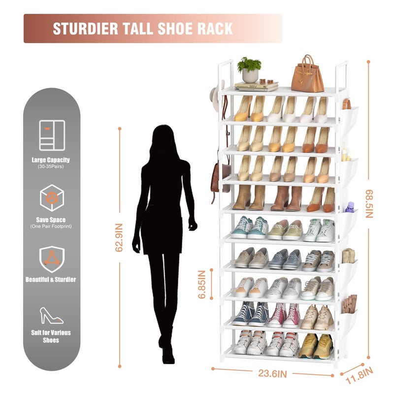 LUKYTOWER Tall Shoe Rack 10 Tier Shoe Racks Organizer for Closet 30-35Pairs,Large Capacity Storage Rack for Shoes with 5Hooks and Side Pocket,Sturdy Metal Shoe Shelf, Vertical Shoe Stand Tower - Image 3