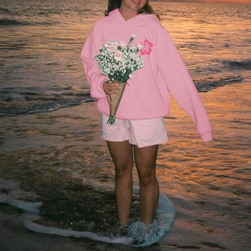 Lubpow Cute Pink Flower Hoodie for Woman Preppy Sweatshirts Trendy Puff Print Letter Graphic Hoodies Casual Pullover Tops(Pink,M) - Image 4