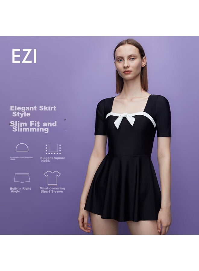 Yizi Women's Conservative One-piece Swimsuit Dress, Tummy-covering Hot Spring Swimwear, Ezi21w085, Black, M - Image 1