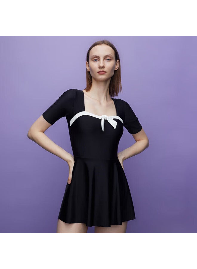 Yizi Women's Conservative One-piece Swimsuit Dress, Tummy-covering Hot Spring Swimwear, Ezi21w085, Black, M - Image 3