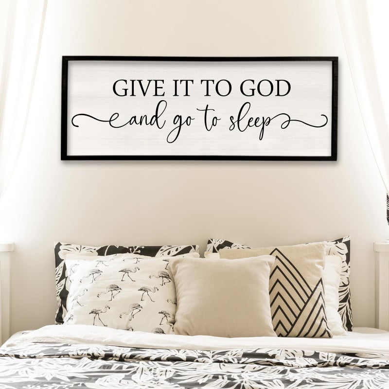 Surfapans Give It To God And Go To Sleep Sign Wall Decor Above Bed 40"x15" Master Bedroom Guest Room Over Bed Wood Rustic Framed Wall Art (Black) - Image 1
