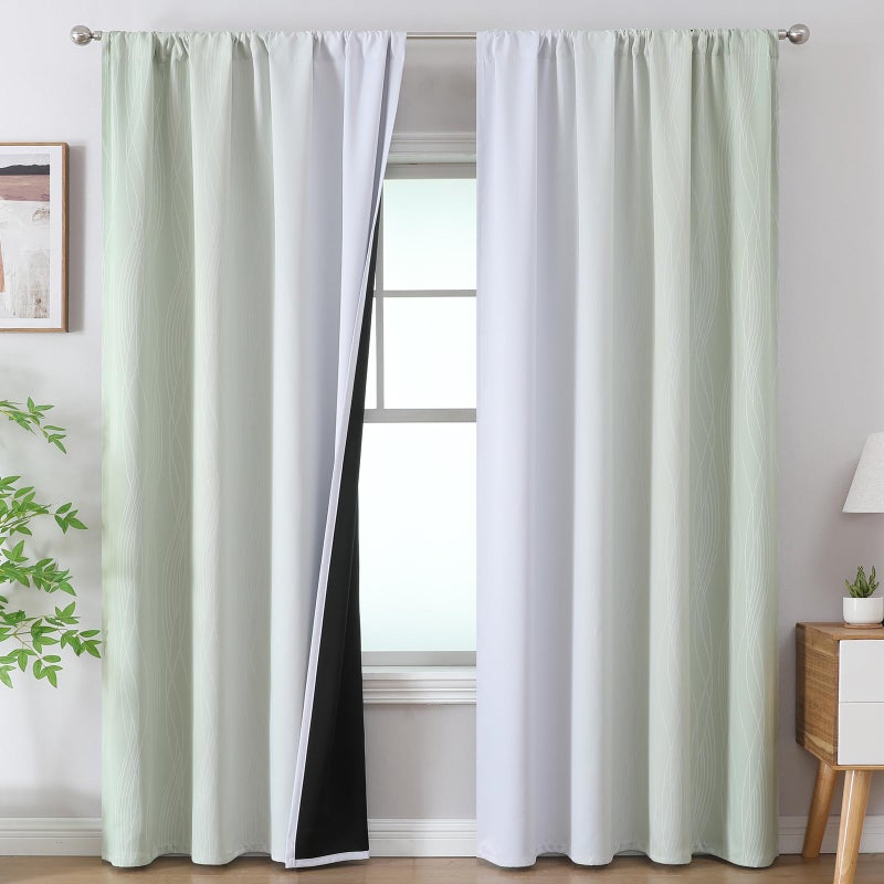 Estelar Textiler Sage Green and Greyish White Ombre Blackout Curtains for Bedroom, Thermal Insulated Rod Pocket Drapes for Living Room, Full Light Blocking Energy Saving Curtains, 52Wx84L, 2 Panels - Image 1