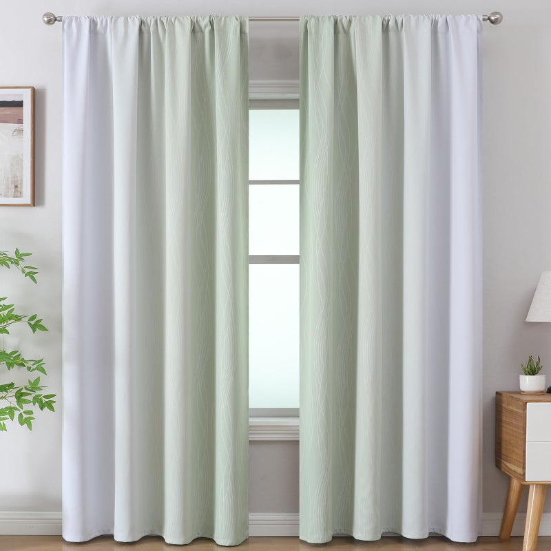 Estelar Textiler Sage Green and Greyish White Ombre Blackout Curtains for Bedroom, Thermal Insulated Rod Pocket Drapes for Living Room, Full Light Blocking Energy Saving Curtains, 52Wx84L, 2 Panels - Image 2