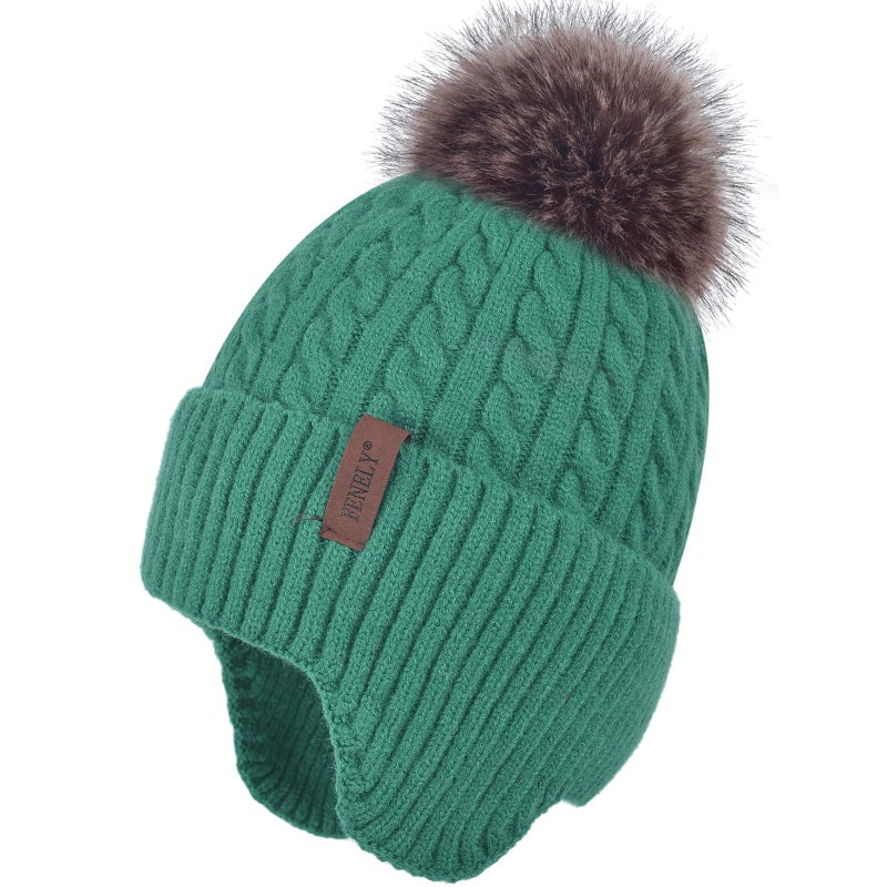 FENELY Women Winter Beanie Hat Knit Earflap Hats Warm Thick Fleece Lined Soft Skull Cap with Fashion Cute Faux Fur Pom Outdoor Indoor Green Cold Weather Snow Ski Running - Image 1