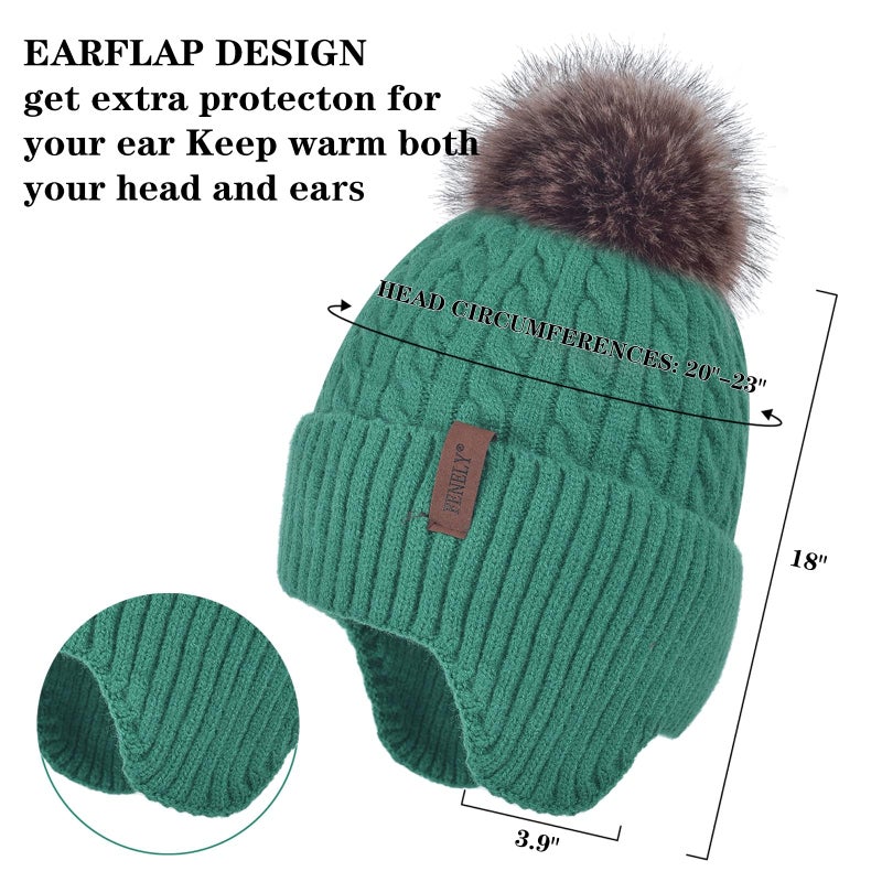 FENELY Women Winter Beanie Hat Knit Earflap Hats Warm Thick Fleece Lined Soft Skull Cap with Fashion Cute Faux Fur Pom Outdoor Indoor Green Cold Weather Snow Ski Running - Image 4