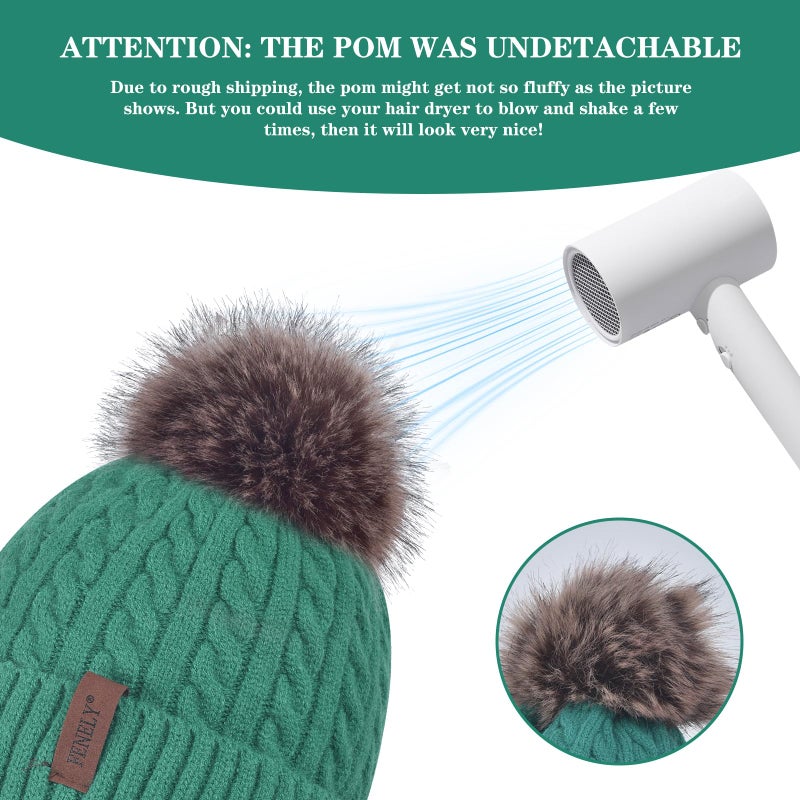 FENELY Women Winter Beanie Hat Knit Earflap Hats Warm Thick Fleece Lined Soft Skull Cap with Fashion Cute Faux Fur Pom Outdoor Indoor Green Cold Weather Snow Ski Running - Image 5