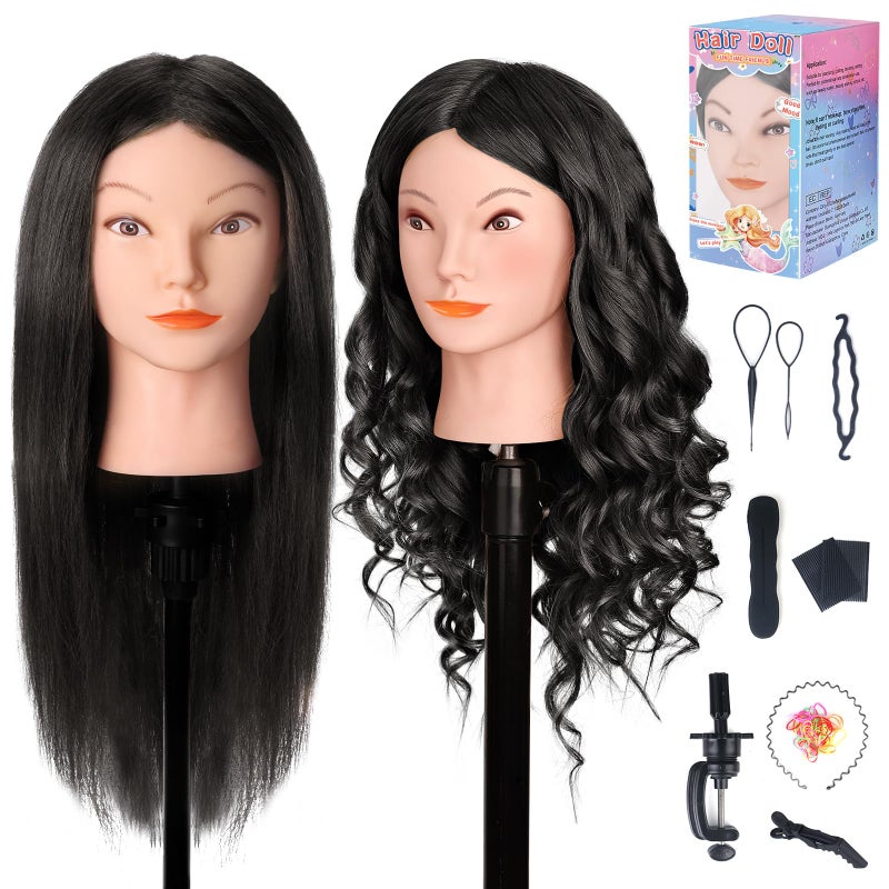 Mannequin Head with 100 Human Hair MYSWEETY 18 Real Hair Manikin Doll Head for Hair Styling Cosmetology Mannequin Hairdressing Practice Training Head with Clamp Holder and ToolsBlack Makeup