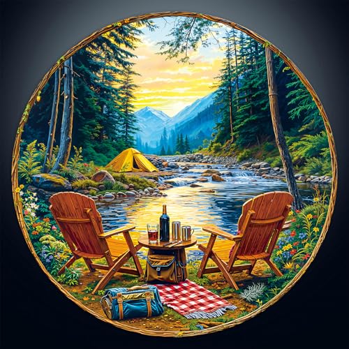 Artipuz Puzzles for Adults 1000 Pieces Mountain Camping Forest Puzzle Art Funny Difficult Hard Unique Round Puzzle 1000 Pieces Jigsaw Puzzles for Friends and Family Wall Art Home Decor - Image 1