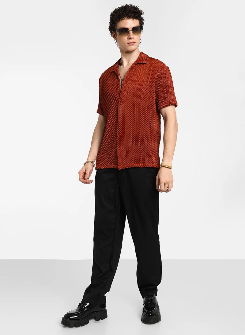 Campus Sutra Men's Terracotta Brown Puffy-Textured Shirt
