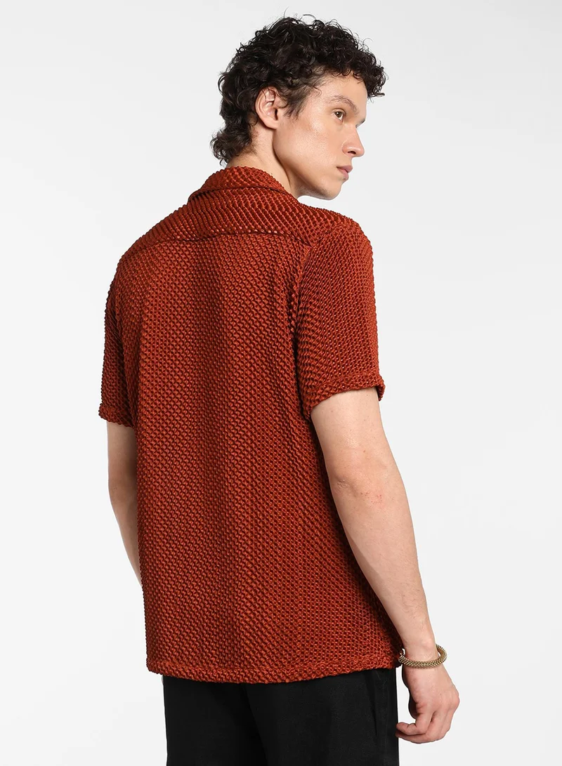 Campus Sutra Men's Terracotta Brown Puffy-Textured Shirt