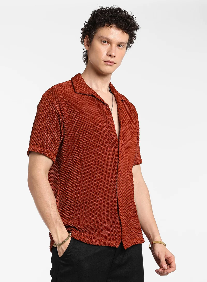 Campus Sutra Men's Terracotta Brown Puffy-Textured Shirt