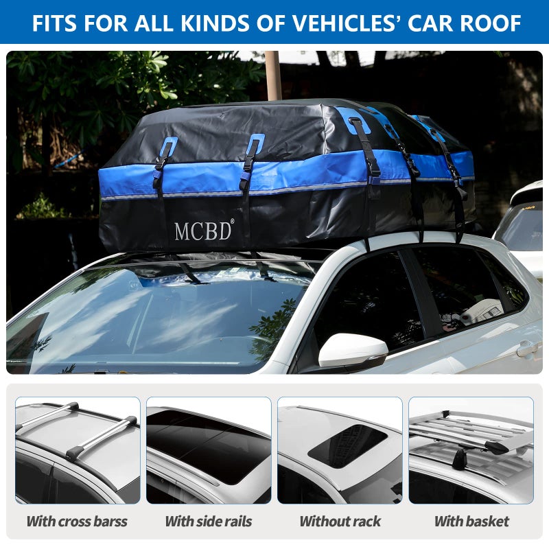 MCBD Rooftop Cargo Carrier, 21 Cubic Feet Soft-Shell Waterproof Car Roof Luggage Bag for All Vehicles SUV with/Without Rails, Includes 10 Reinforced Straps + 6 Door Hooks,Storage Bag,Anti-Slip Mat - Image 4
