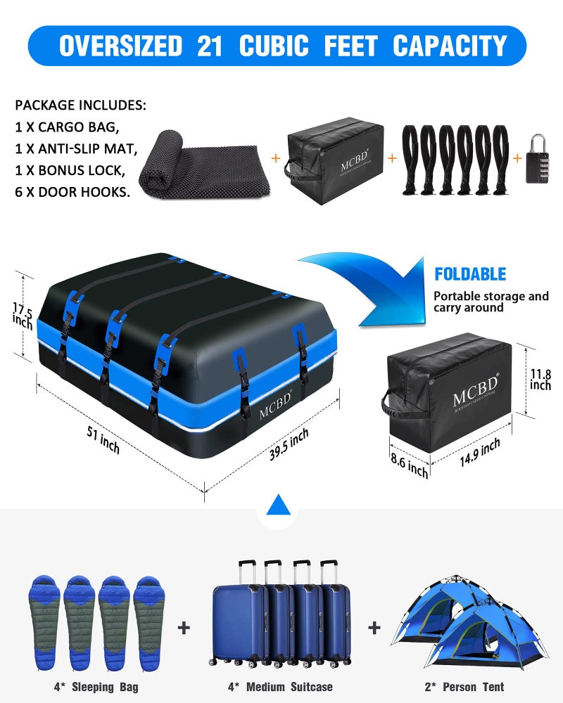 MCBD Rooftop Cargo Carrier, 21 Cubic Feet Soft-Shell Waterproof Car Roof Luggage Bag for All Vehicles SUV with/Without Rails, Includes 10 Reinforced Straps + 6 Door Hooks,Storage Bag,Anti-Slip Mat - Image 2