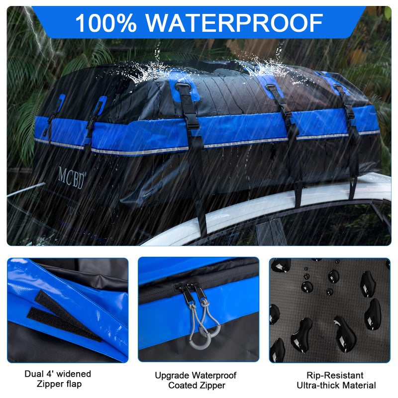 MCBD Rooftop Cargo Carrier, 21 Cubic Feet Soft-Shell Waterproof Car Roof Luggage Bag for All Vehicles SUV with/Without Rails, Includes 10 Reinforced Straps + 6 Door Hooks,Storage Bag,Anti-Slip Mat - Image 3