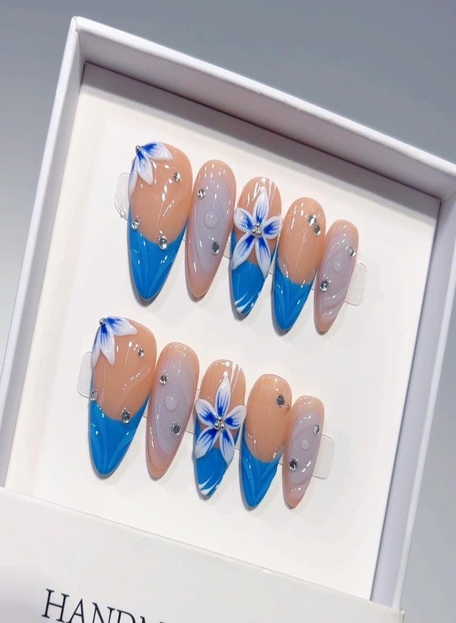 ASABITE 10Pcs Blue French Tip Press on Nails Handmade Almond Fake Nails with Flower Rhinestone Design Glossy Reusable Acrylic False Nails Press ons Summer Beach Flower Stick on Nails for Women (S) - Image 4
