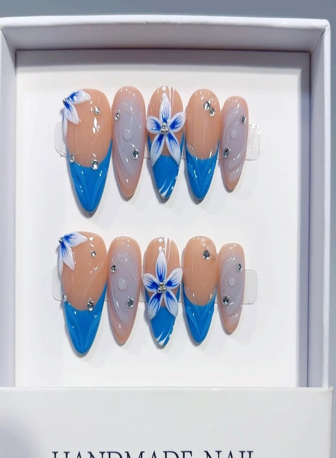 ASABITE 10Pcs Blue French Tip Press on Nails Handmade Almond Fake Nails with Flower Rhinestone Design Glossy Reusable Acrylic False Nails Press ons Summer Beach Flower Stick on Nails for Women (S) - Image 3