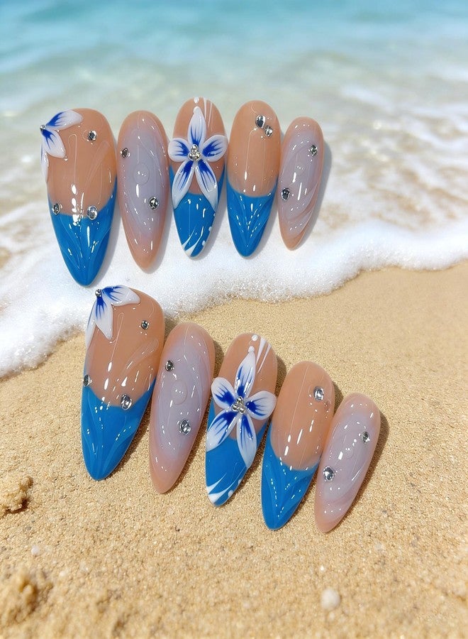 ASABITE 10Pcs Blue French Tip Press on Nails Handmade Almond Fake Nails with Flower Rhinestone Design Glossy Reusable Acrylic False Nails Press ons Summer Beach Flower Stick on Nails for Women (S) - Image 2