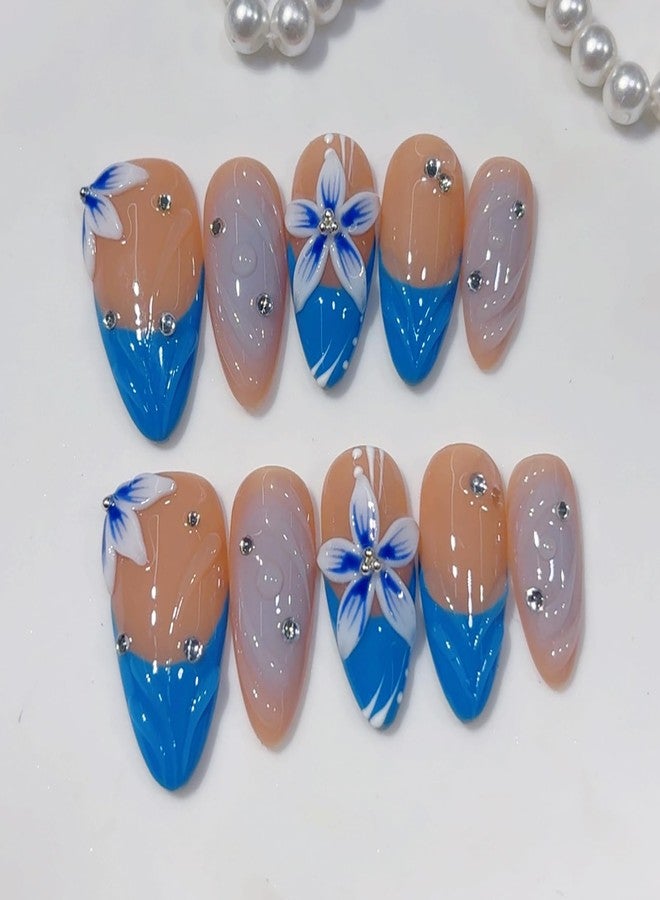 ASABITE 10Pcs Blue French Tip Press on Nails Handmade Almond Fake Nails with Flower Rhinestone Design Glossy Reusable Acrylic False Nails Press ons Summer Beach Flower Stick on Nails for Women (S) - Image 1