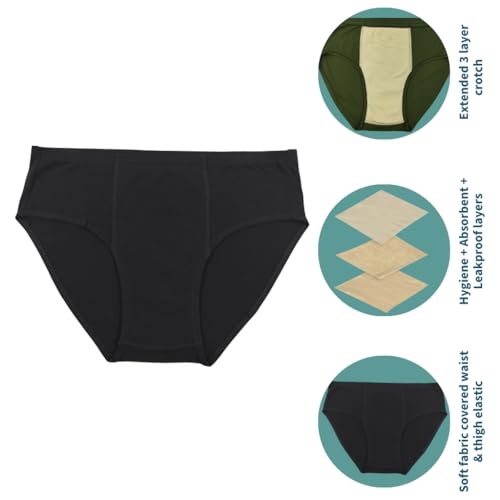 Pristine Life | Mens Incontinence Briefs | Absorbs 35ml Of Leaks | Wash & Reuse | Anti Bacterial, Hygienic & Leakproof | Comfy Cotton | Pack Of 1 | Black | M - Image 3