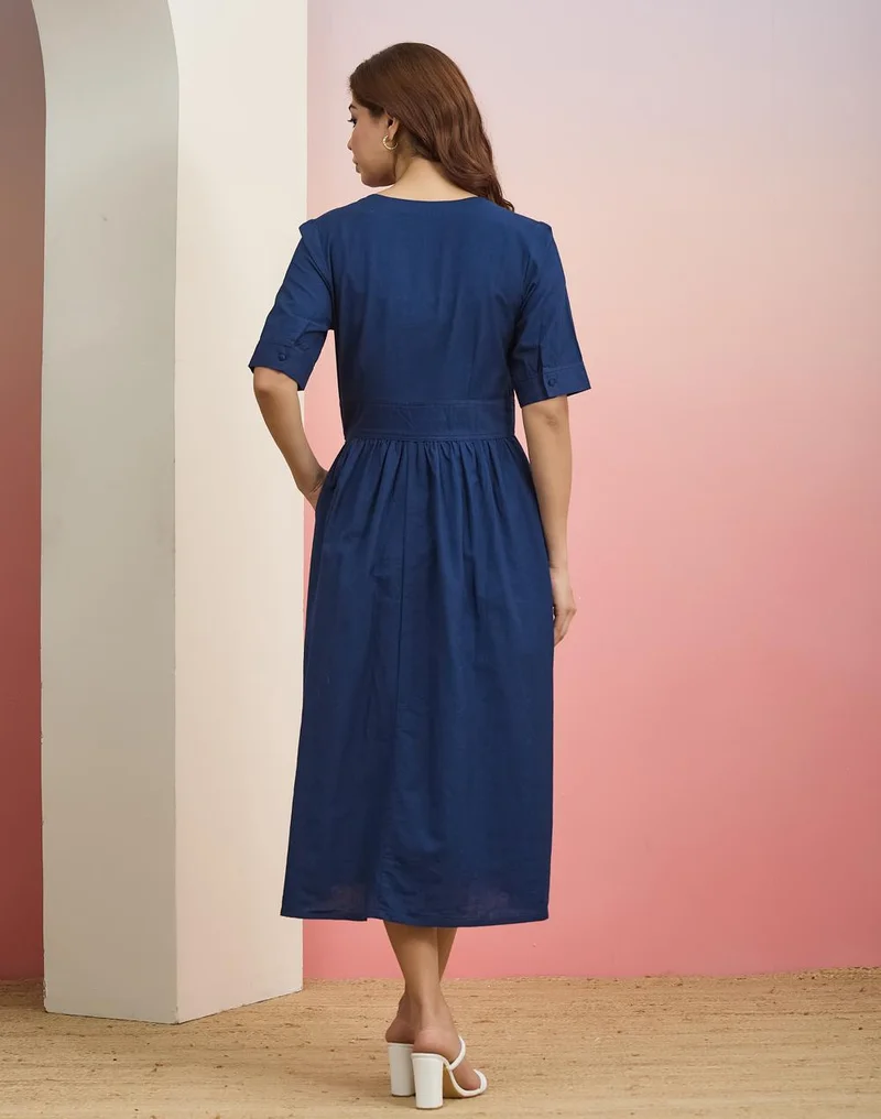 Fabindia  Blue Cotton Linen Embroidered Dress for Women | Best Price UAE
