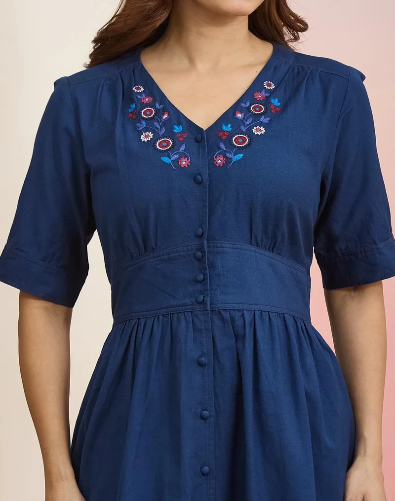 Fabindia  Blue Cotton Linen Embroidered Dress for Women | Best Price UAE