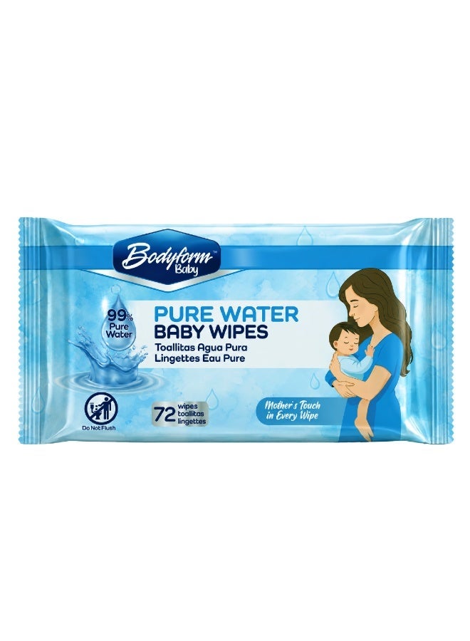 Bodyform Baby Pure Water Baby Wipes, 72 Count — 99% Pure Water Formula, Alcohol-Free & Paraben-Free, Soft & Thick, Gentle Cleansing for Hands, Face & Bottom, Unscented - Image 1