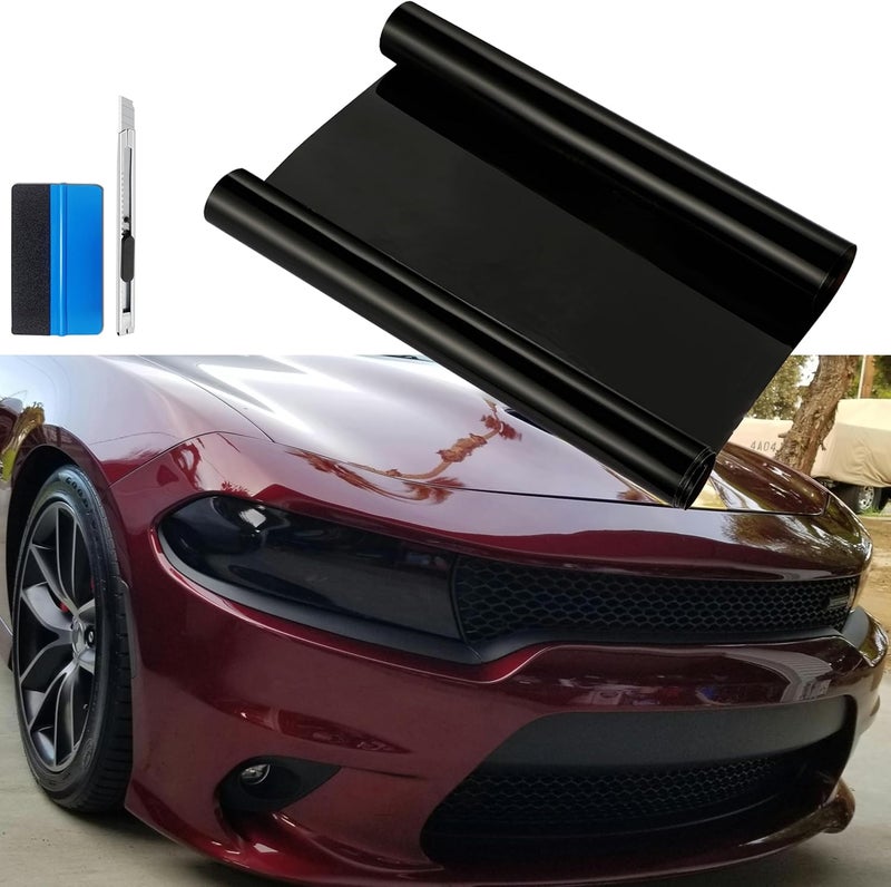 fangfei 12 by 48 inches Self Adhesive Auto Car Tint Headlight Taillight Fog Light Vinyl Smoke Film Sheet Sticker Cover (Black) - Image 1