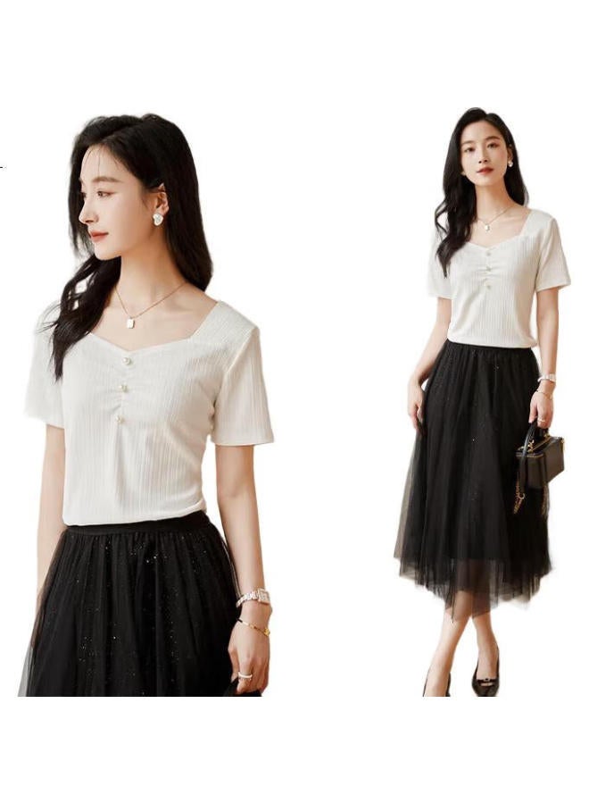 First Application Chushen Summer Short Sleeve T-Shirt Women'S Fashion Elegant V-Neck Slim Thin Knitted T-Shirt Top S143T1585 - Image 2