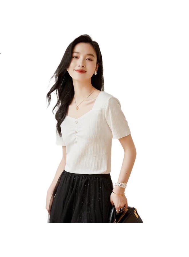 First Application Chushen Summer Short Sleeve T-Shirt Women'S Fashion Elegant V-Neck Slim Thin Knitted T-Shirt Top S143T1585 - Image 1