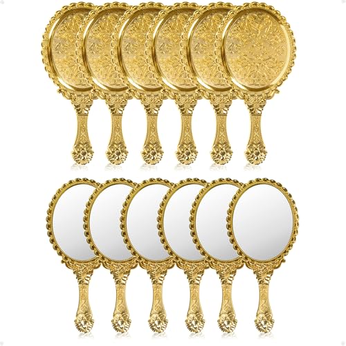YUSONG 12 Pcs Vintage Handheld Mirror for Makeup - Travel Handle Mirrors for Women Gold Embossed Flower Portable Princess Mirror Tabletop Party Classroom - Image 1