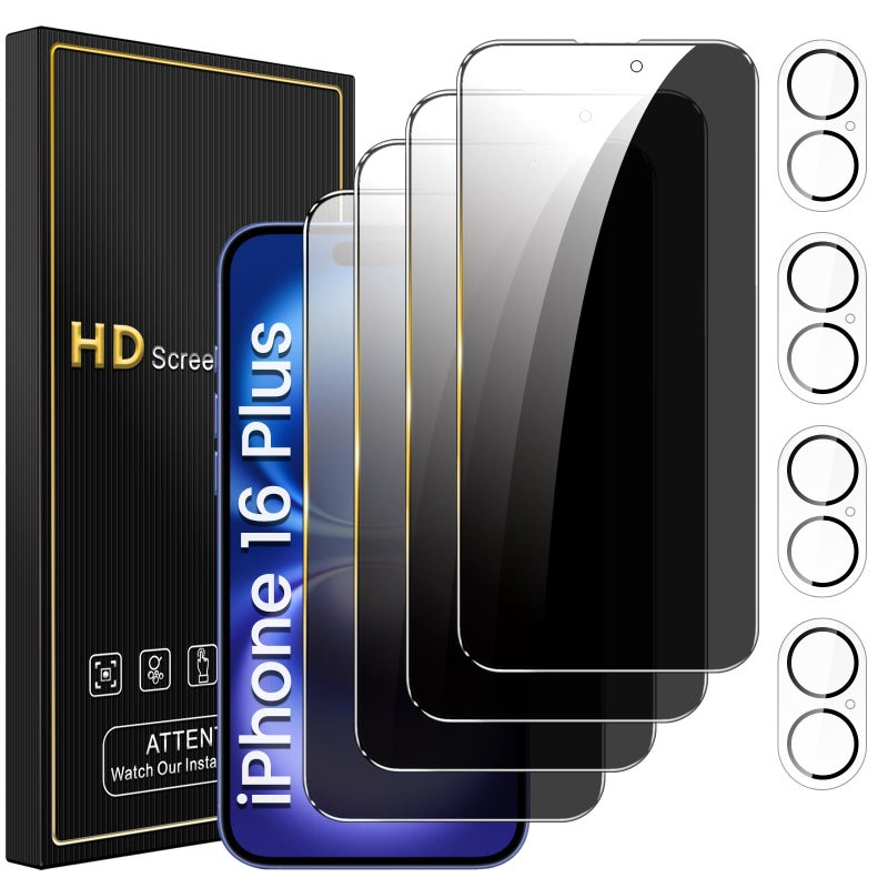 Romkasi 4 Pack Privacy Screen Protector for iPhone 16 Plus 67 Inch with 4 Pack Camera Lens Protector Anti Spy Tempered Glass Film AntiScratch Touch Sensitive Case Friendly - Image 3