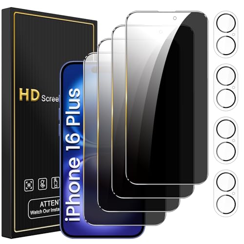 Romkasi 4 Pack Privacy Screen Protector for iPhone 16 Plus 67 Inch with 4 Pack Camera Lens Protector Anti Spy Tempered Glass Film AntiScratch Touch Sensitive Case Friendly - Image 1