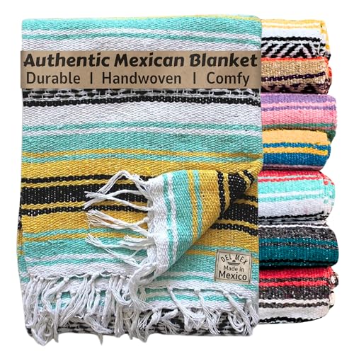Del Mex Classic Mexican Blanket, Large Authentic Woven Falsa Throw (70"x50"), Artisan Southwest Décor for Beach, Yoga, Outdoors (Mint/Yellow) - Image 1