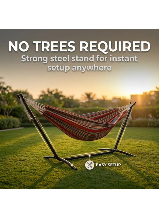 Adventure Lab Double Cotton Hammock with Steel Stand & Carry Bag | Portable 2 Person Outdoor Hammock for Garden, Patio, Beach & Camping | Heavy Duty Free Standing Hammock Swing Supports up to 204kg - Image 4