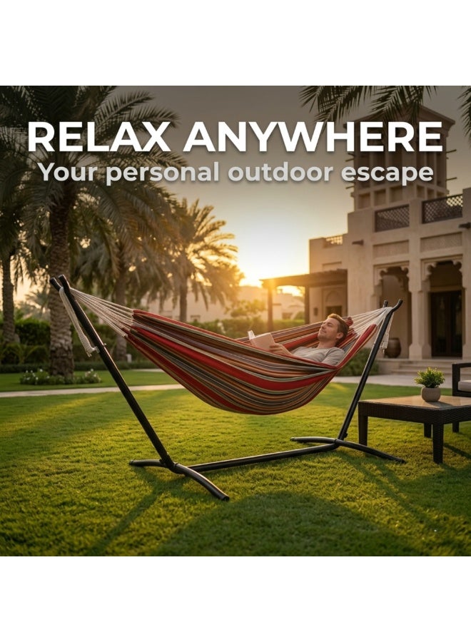 Adventure Lab Double Cotton Hammock with Steel Stand & Carry Bag | Portable 2 Person Outdoor Hammock for Garden, Patio, Beach & Camping | Heavy Duty Free Standing Hammock Swing Supports up to 204kg - Image 2