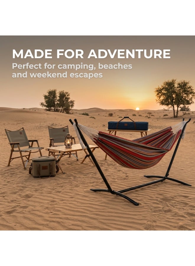 Adventure Lab Double Cotton Hammock with Steel Stand & Carry Bag | Portable 2 Person Outdoor Hammock for Garden, Patio, Beach & Camping | Heavy Duty Free Standing Hammock Swing Supports up to 204kg - Image 5
