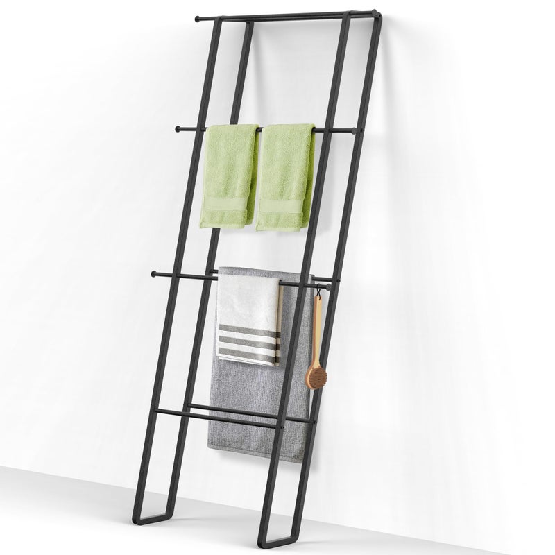 CANYAVE Blanket Ladder Towel Rack Wall Leaning Ladder Towel Rack Blanket Holder Rack Drying Rack 4Tier Blanket Ladders for Living Room Bathroom Matte Black