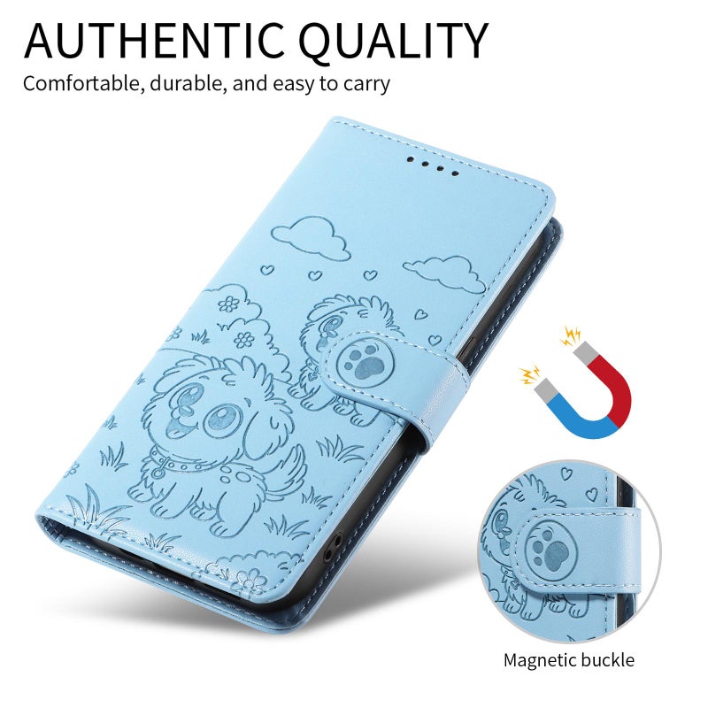 erorex For iPhone 13 Pro Embossed  Dog RFID Blocking Wallet Leather Phone Case(Sky Blue) - Image 3