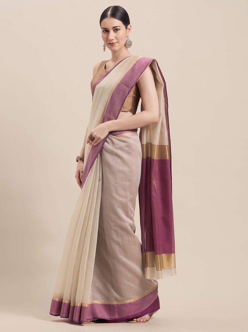 Monira Women's Cotton Silk Woven Traditional Saree with Blouse Piece (Beige and Purple) - Image 3