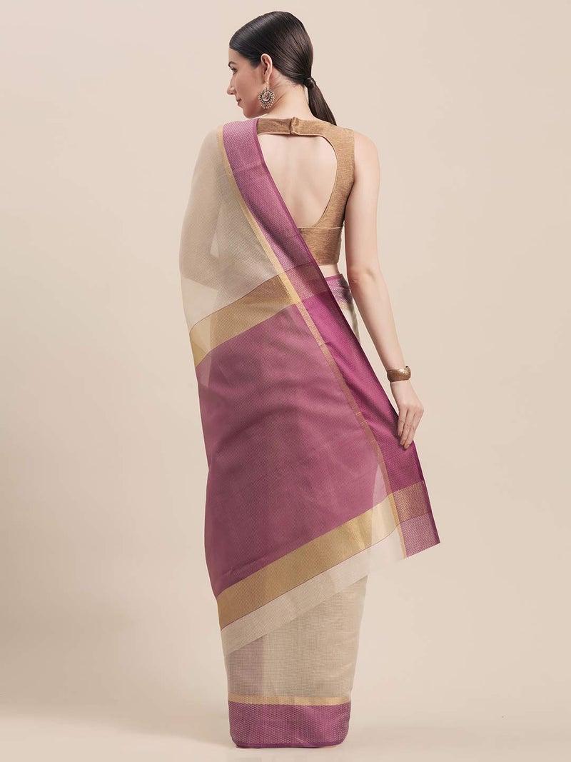Monira Women's Cotton Silk Woven Traditional Saree with Blouse Piece (Beige and Purple) - Image 4