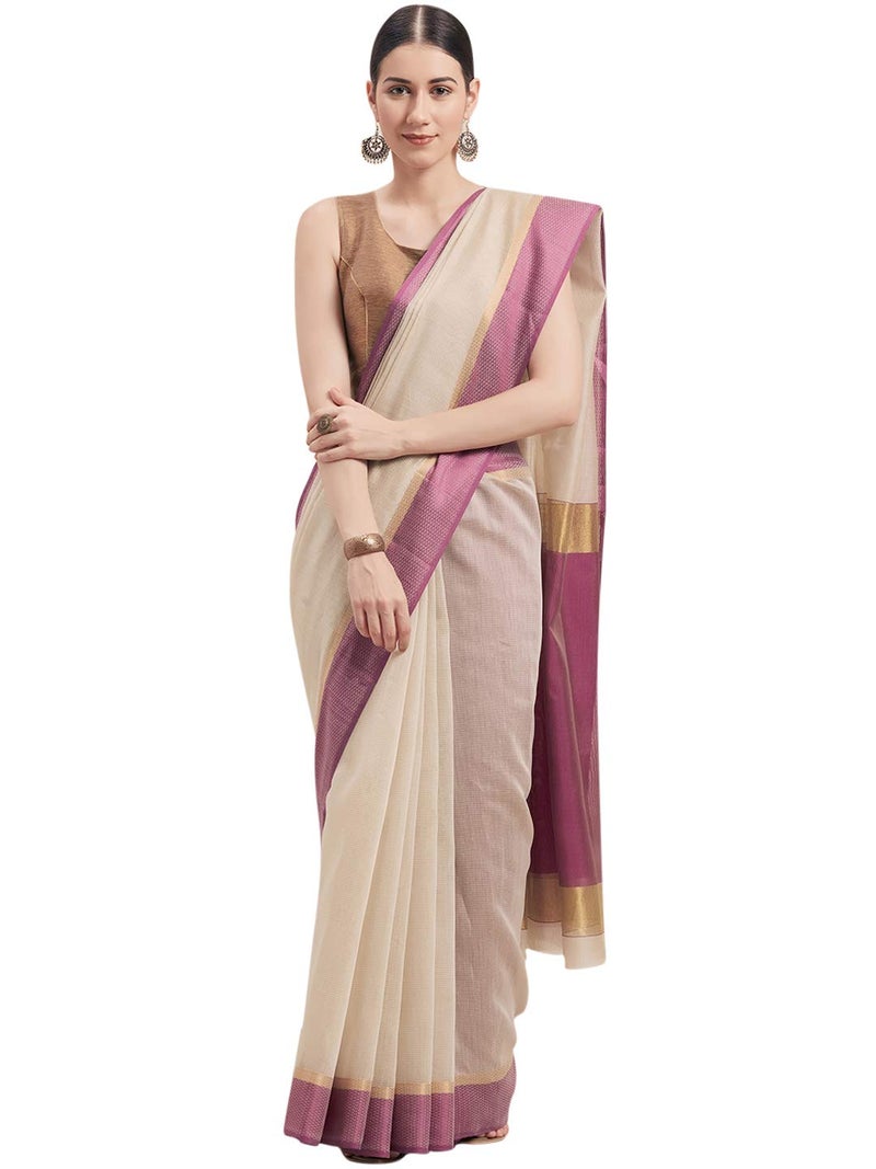Monira Women's Cotton Silk Woven Traditional Saree with Blouse Piece (Beige and Purple) - Image 1