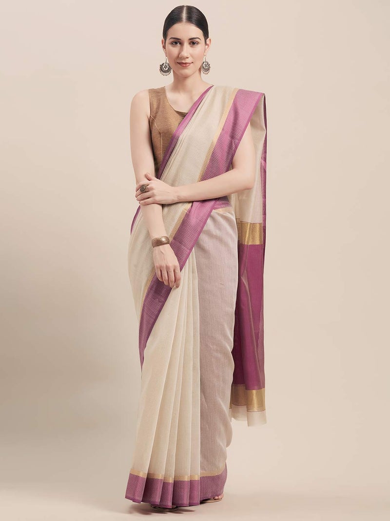 Monira Women's Cotton Silk Woven Traditional Saree with Blouse Piece (Beige and Purple) - Image 2