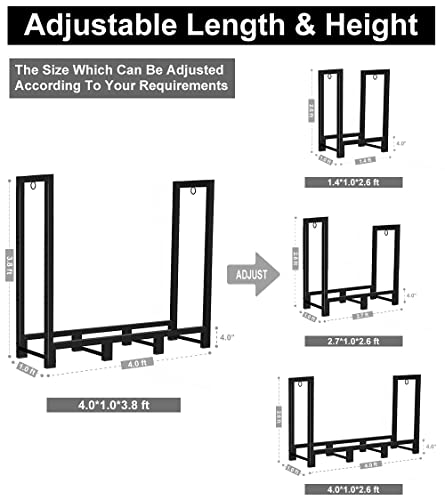Koutemie 4Ft Outdoor Firewood Rack Holder for Fireplace Wood Storage, Adjustable Fire Log Stacker Stand, Black - Image 3