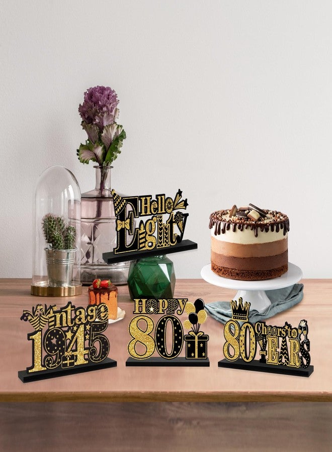 Turypaty 4 Pieces 80th Birthday Decorations Wooden Vintage 1945 Table Party Supplies, Black Gold Cheers to 80 Years Table Centerpieces Sign, Happy 80th Anniversary Bday Hello Eighty Table Decor - Image 4