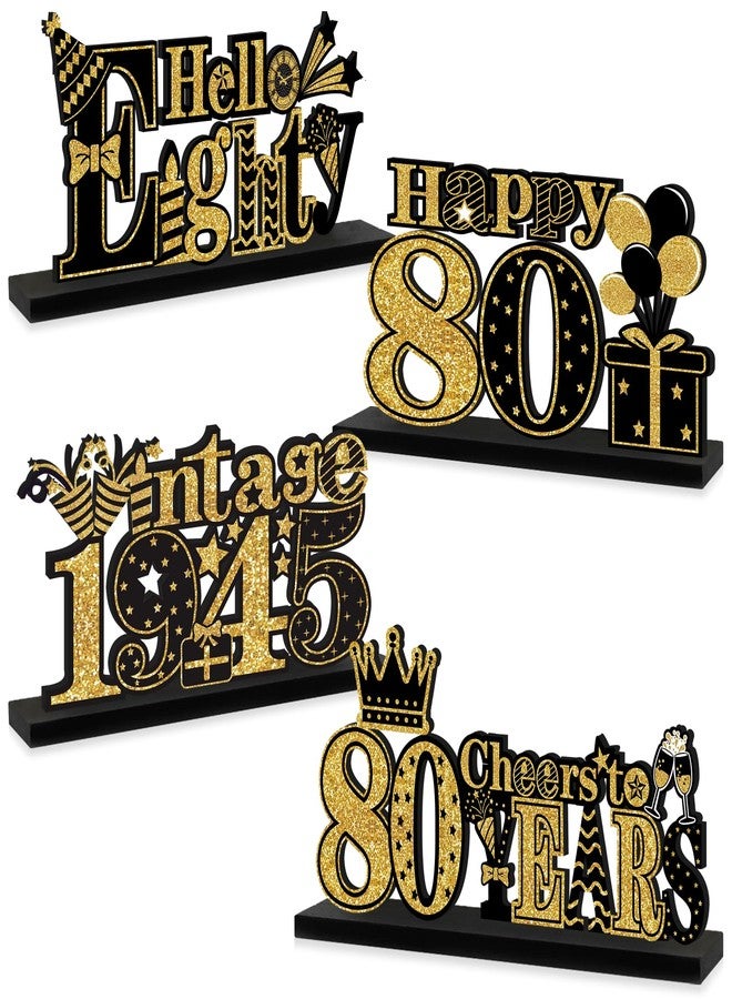 Turypaty 4 Pieces 80th Birthday Decorations Wooden Vintage 1945 Table Party Supplies, Black Gold Cheers to 80 Years Table Centerpieces Sign, Happy 80th Anniversary Bday Hello Eighty Table Decor - Image 1