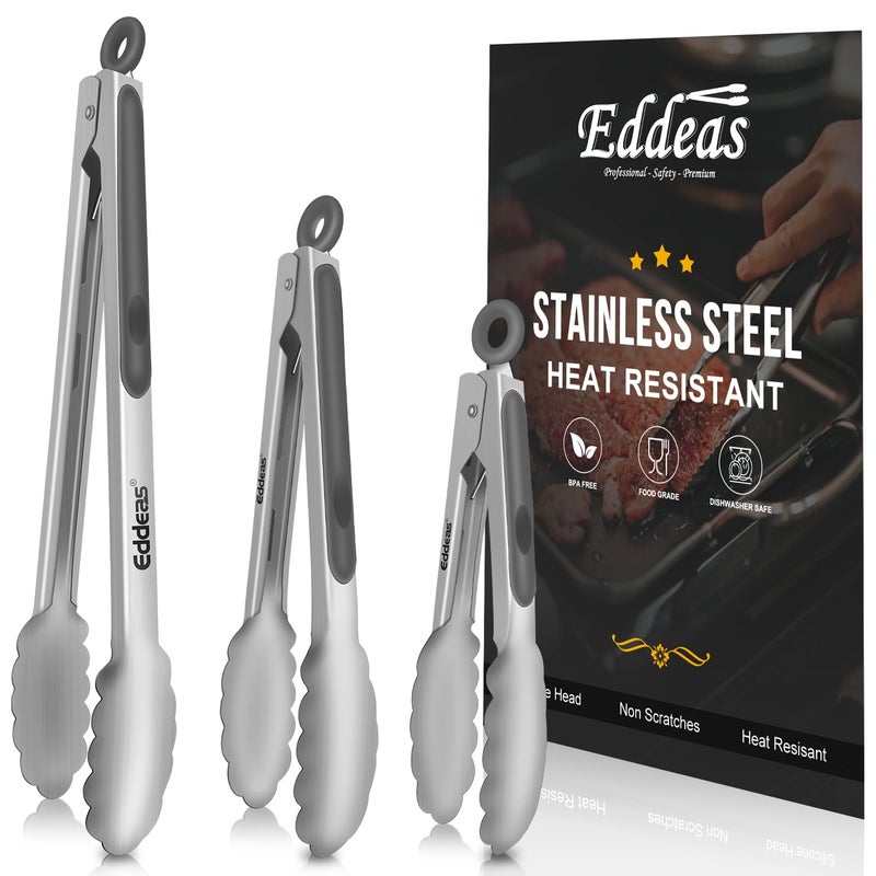 EDDEAS Tongs For Cooking  Heat Resistant 600 Degrees Stainless Steel Kitchen TongHeavy Duty Metal Locking Tongs  Perfect for Food BBQ set of 3 79 and 12 Grey