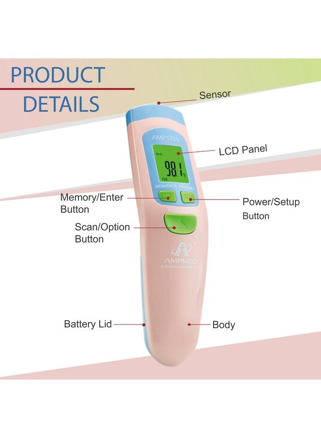 Amplim Ampmed Non Contact/No Touch Digital Forehead Thermometer for Adults, Kids, and Babies, Touchless Temporal Thermometer with Storage Case. FSA HSA Approved - Pink - Image 3