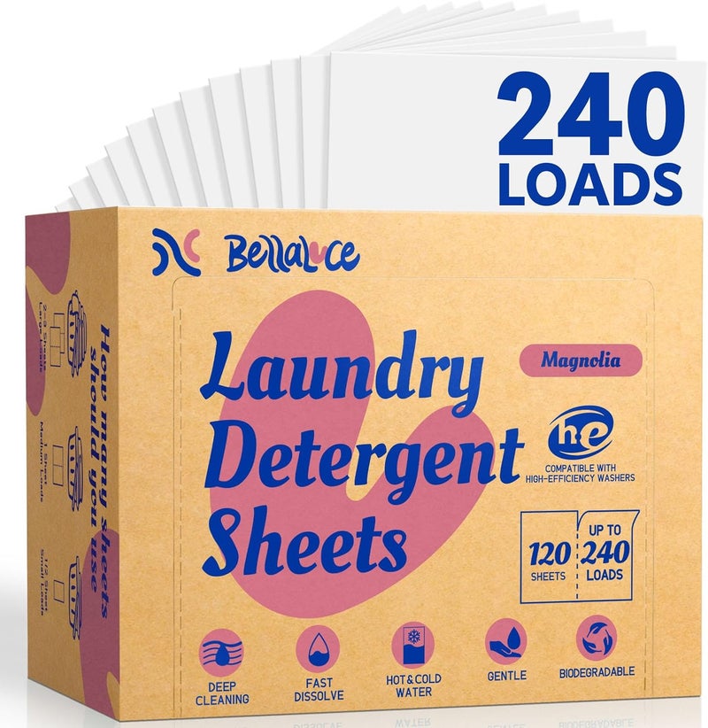 Bellaluce Laundry Detergent Sheets, 240 Loads, Magnolia Scent | Plastic-Free Laundry Detergent, Fast-Dissolving, Hypoallergenic Formula Laundry Sheets, Space-Saving for Home, Dorms & Travel - Image 1