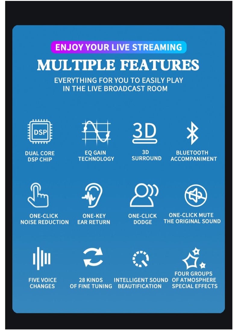 Furtey - Portable Live Sound Card Audio Mixer Professional Live Sound Card Studio Record Soundcard Bluetooth Microphone Mixer Voice Changer Live Streaming Audio Sound Mixer for Streaming Podcasting Gaming - Image 1